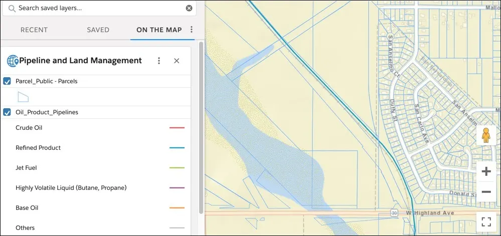 The Pipeline and Land Management layer is plotted on the map. The left panel displays a legend of parcel data and product pipelines, the right displays a map of the parcels boundaries and the pipeline as a solid blue line.