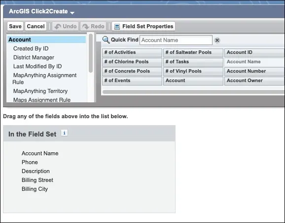 The fields selected for the ArcGIS Click2Create field set are Account Name, Phone, Description, Billing Street, and Billing City.