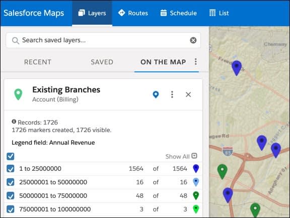 The Existing branches marker layer with the annual revenue legend is displayed. Lower revenue branches are displayed as blue pins and the higher revenue branches are displayed as green pins.