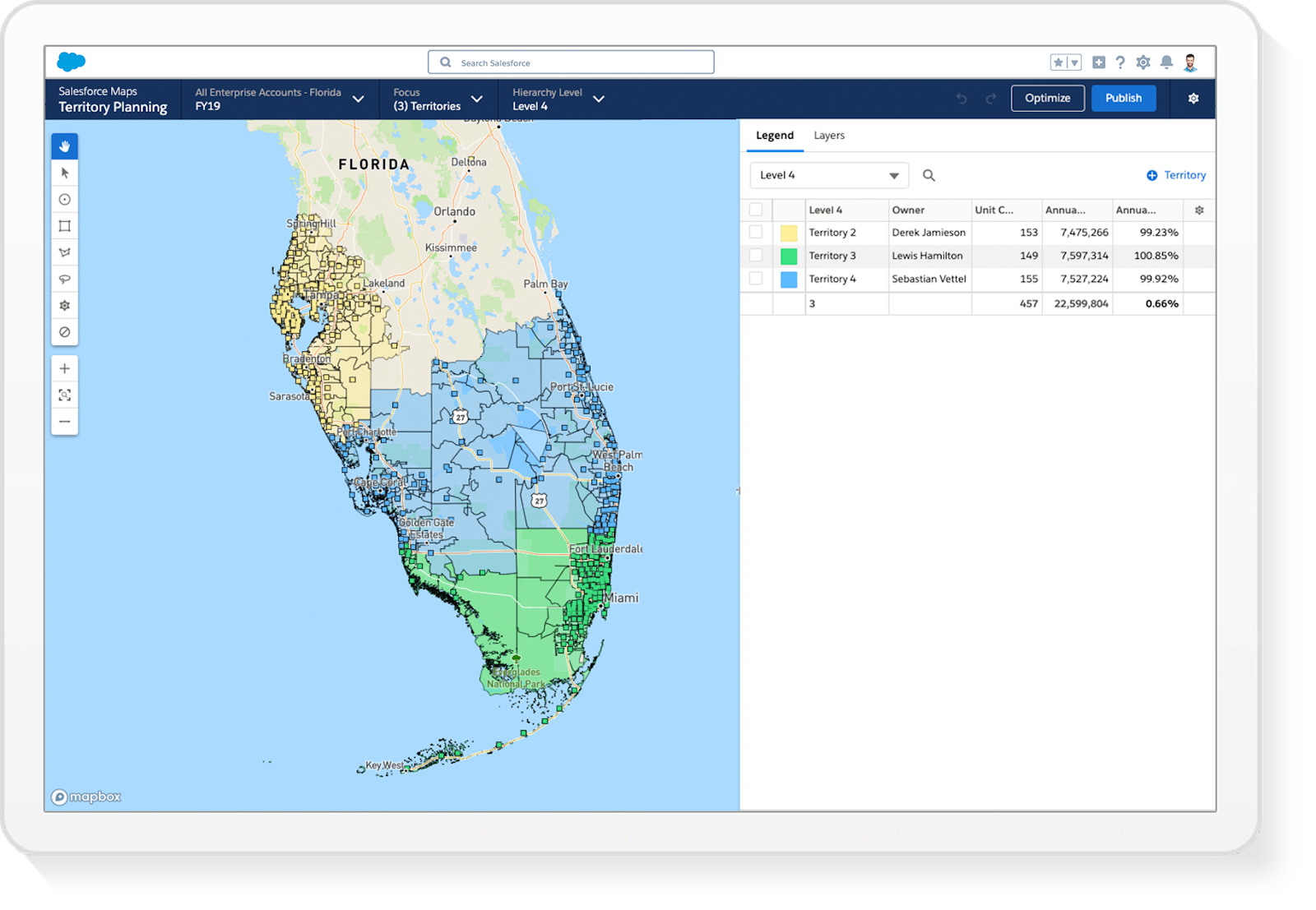 Screenshot showing a map of Florida. Sections of the map are shaded different colors, green, blue, and yellow to illustrate different territories. A legend on the right displays a table of each territory, the territory owner and other columns such as annual review for each territory.