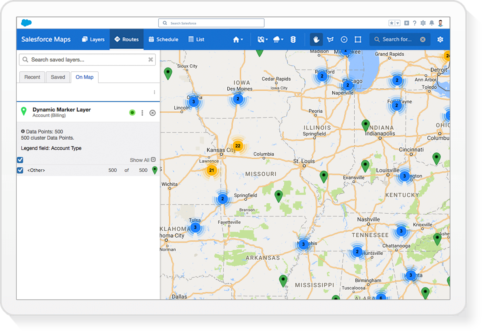 Screenshot showing plotted pins on a map. The left panel displays the name of the plotted marker layer and the number of plotted accounts.