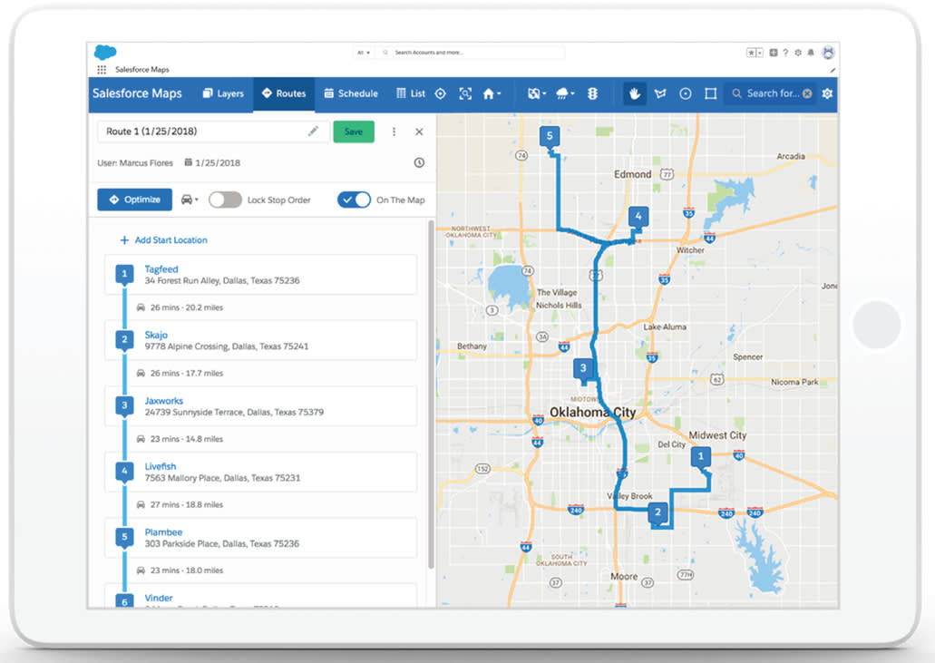 Screenshot showing a route on the left panel, including the name of the location, the address, and distance to the next location. The route is displayed on a map on the right.