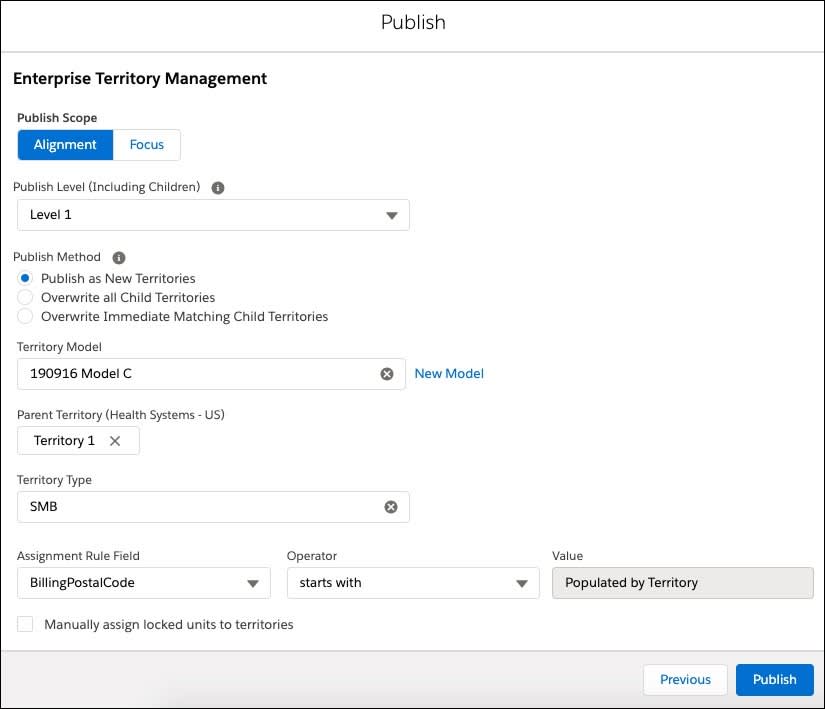  In the Publish Enterprise Territory Management dialog box, options required to publish are displayed.  