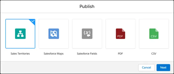 In the Publish dialog box, Sales Territories is selected.