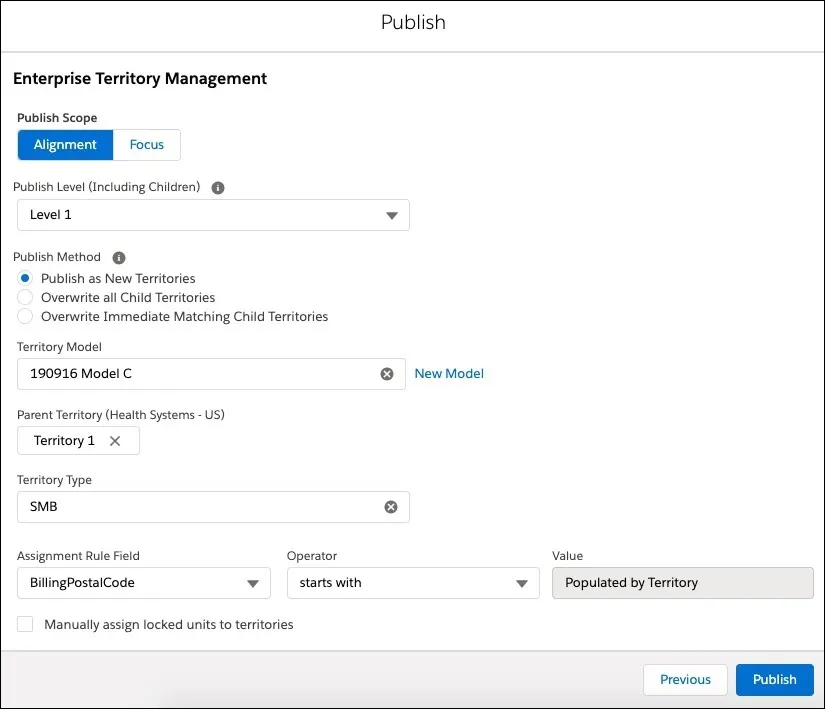 En el cuadro de diálogo Publish Sales Territories (Publicar territorios de ventas), se muestran las opciones necesarias para publicar.