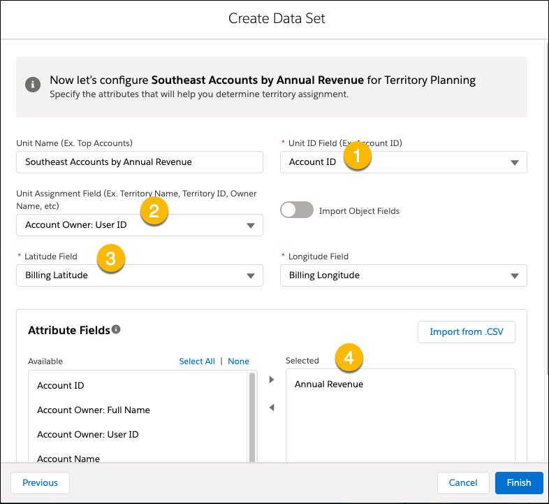 The selected field values in the Create Data Set menu are: The User ID field is Account ID. The Unit Assignment field is Account, Full Name. The latitude and longitude fields are billing latitude and billing longitude. The Available field selected is Annual Revenue. 