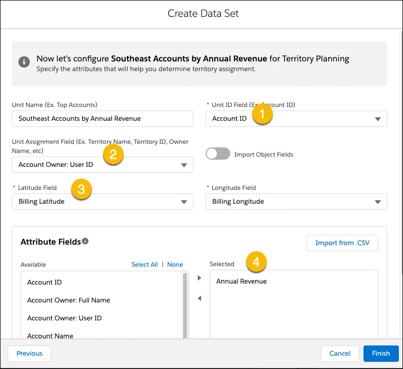 The selected field values in the Create Data Set menu are: The User ID field is Account ID. The Unit Assignment field is Account, Full Name. The latitude and longitude fields are billing latitude and billing longitude. The Available field selected is Annual Revenue.