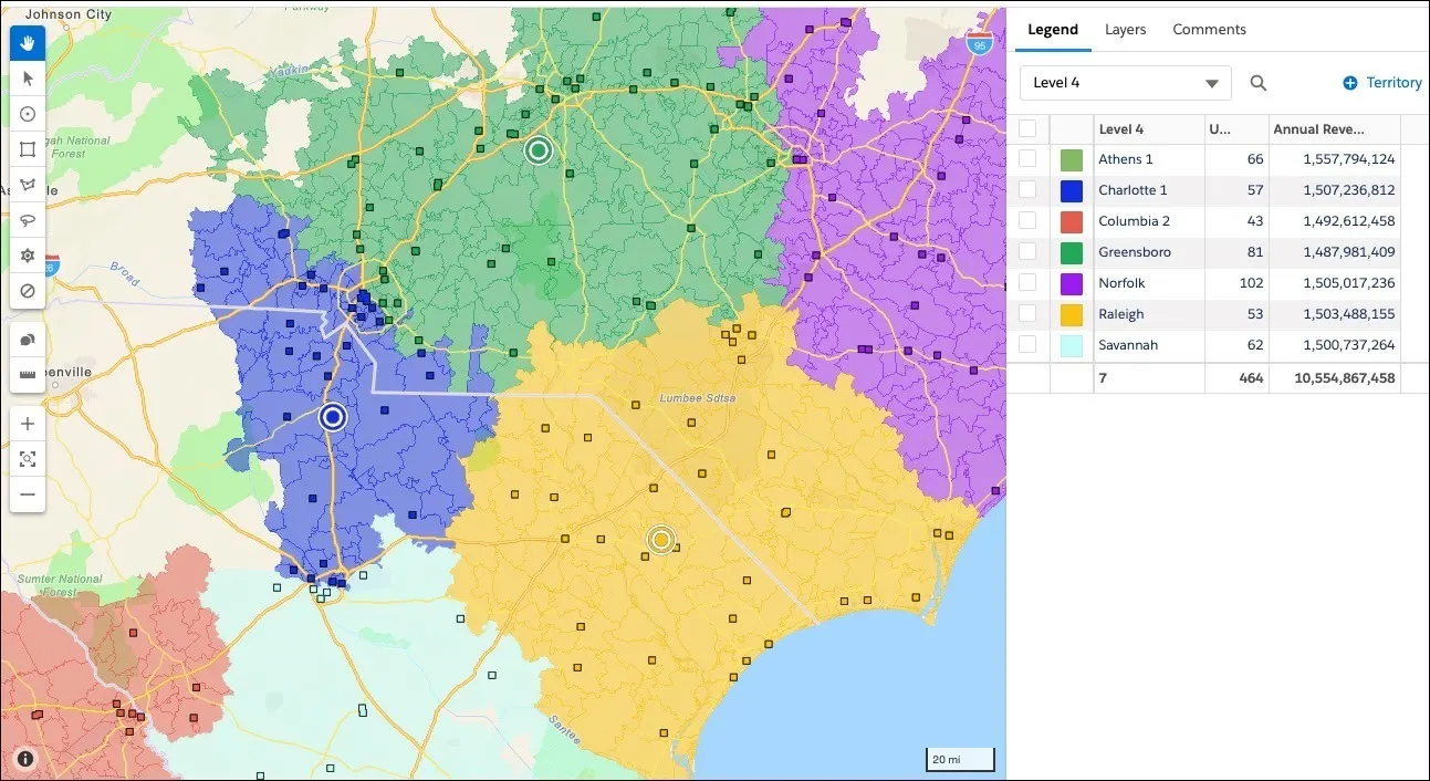 マップビューとテリトリー (異なる色で強調表示されている) が示されている [Territory Planning (テリトリープランニング)] インターフェースの画像。テリトリーの凡例が表示されている右側のパネル。