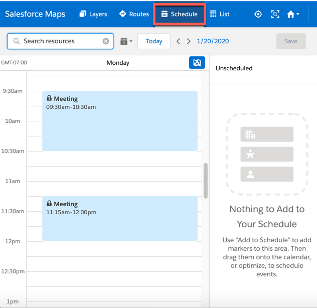 The Schedule tab is selected and two scheduled appointments appear as meetings under the scheduled tab.