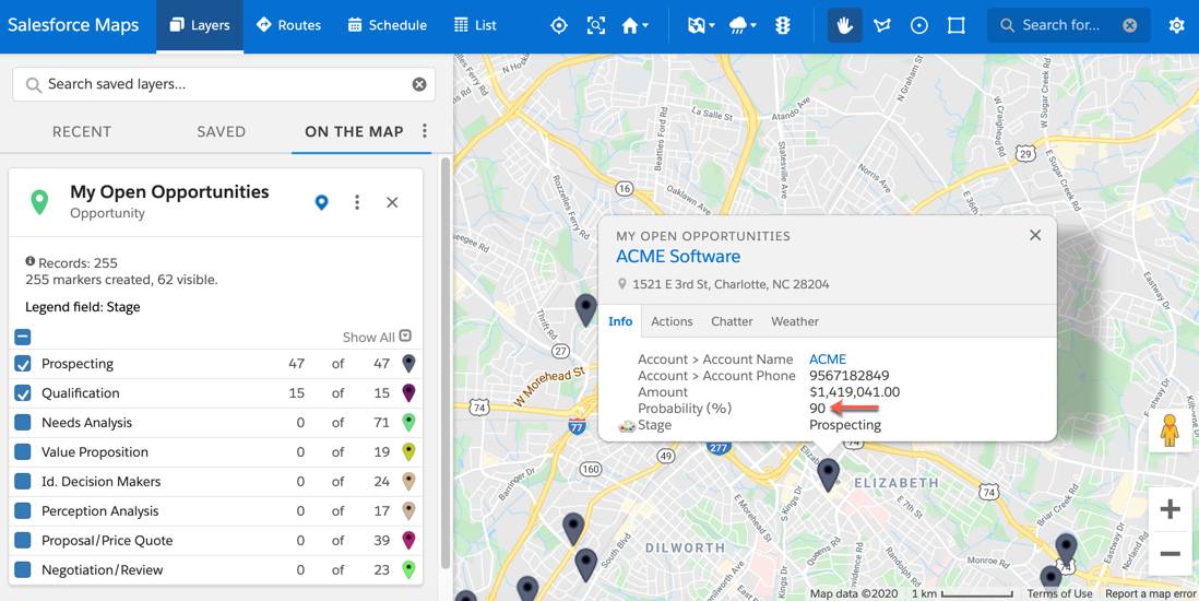 The marker layer is plotted on the map. This displays as pins on the map. One pin from the map view is selected. A popup box is displayed and tooltip options are listed, probability is listed as one of the tooltip options.  