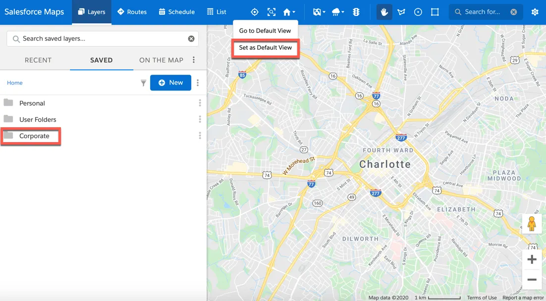 Map view of North Carolina. The Home icon menu is open, with the Set as Default View menu option selected from the dropdown menu. On the left panel, the Corporate folder is selected.