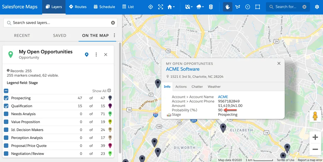 The marker layer is plotted on the map. This displays as pins on the map. One pin from the map view is selected. A popup box is displayed and tooltip options are listed, probability is listed as one of the tooltip options.