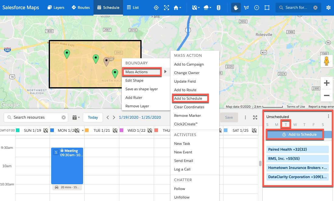 Screenshot shows a rectangular shape on the map. Add to Schedule was selected for all markers inside the shape, and they all appear under the unscheduled menu.