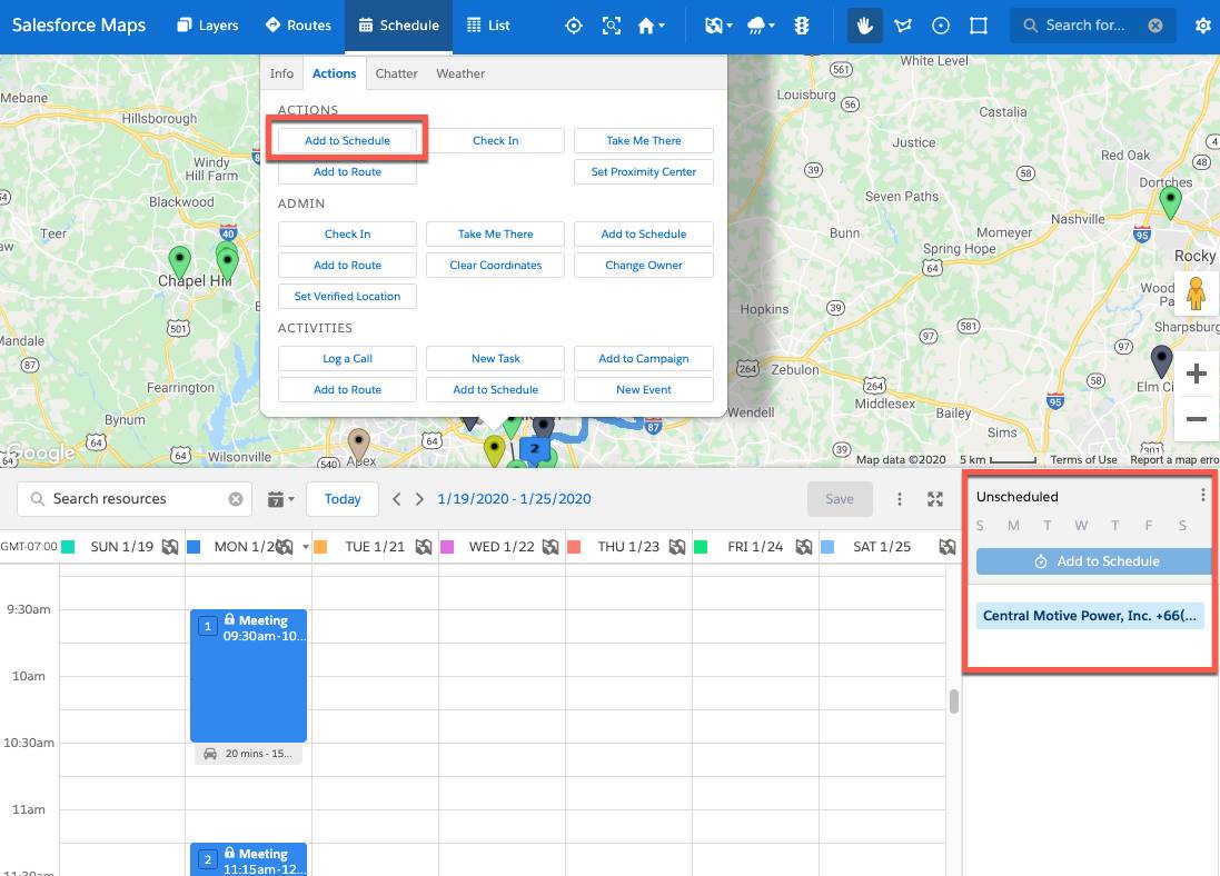 Screenshot shows a weekly calendar view of Candace's Schedule with her appointments for Monday displayed. The unscheduled menu is highlighted. A marker on the map is selected, and in the popup, the add to schedule option is highlighted.