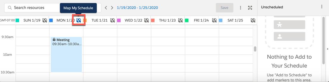 The schedule for the week displays on the map. The Map My Schedule icon is selected for Monday.