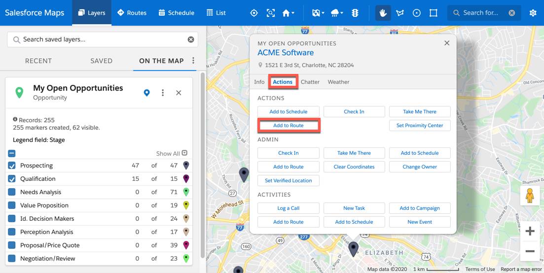 The marker layer is plotted on the map. This displays as pins on the map. One pin from the map view is selected. A popup box is displayed and buttons, such as, log a call, new event and add to route are listed under the Actions tab.