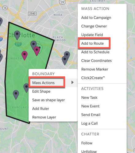 A shape is also drawn on the map. There are pins in the shape. All records within the shape can be added to a route using mass actions. The mass actions and add to route options are highlighted. 