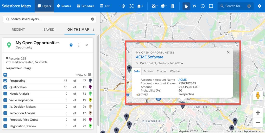 The marker layer is plotted on the map. This displays as pins on the map. One pin from the map view is selected. A popup box is displayed and tooltip options are listed, such as the account name Acme Software and phone number. They appear in the popup box under the info tab.