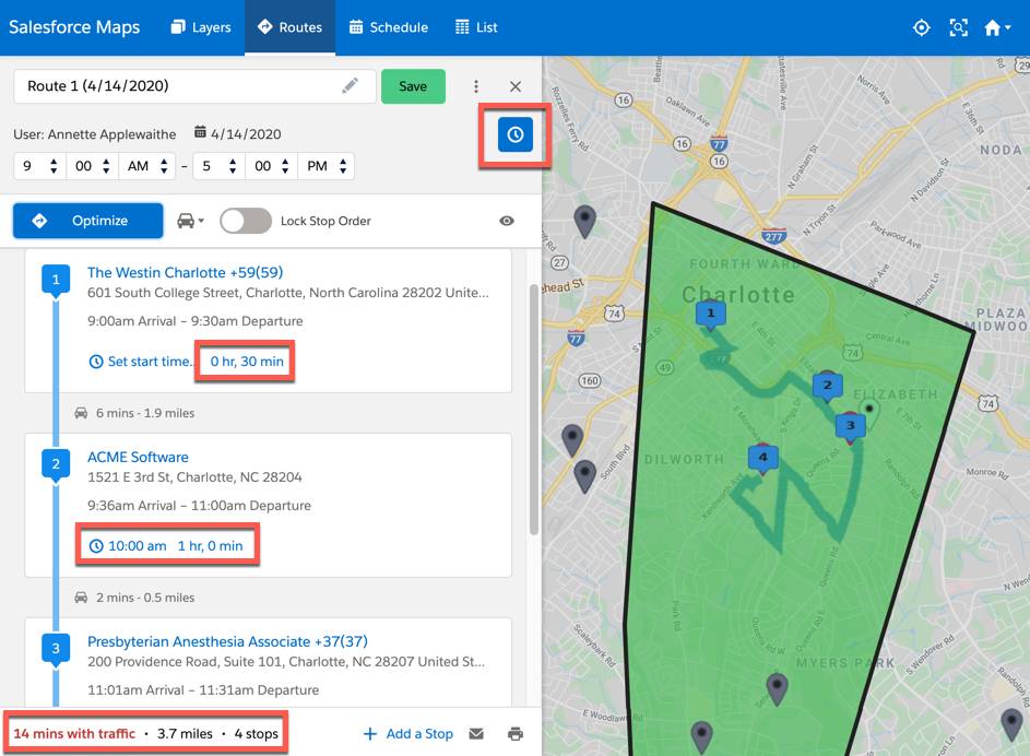 The shape and route is displayed on the map. The routes tab is selected on the left side panel, and the following options are highlighted: Time-based routes, time duration, time of appointment, time travelled in traffic, and distance traveled. 