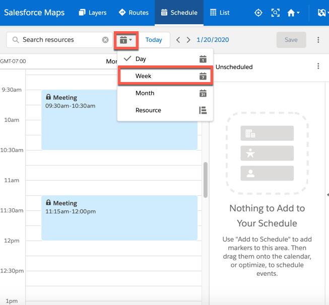 The Schedule tab is selected and two scheduled appointments appear as meetings under the scheduled tab. The calendar icon is selected and the week view is highlighted.