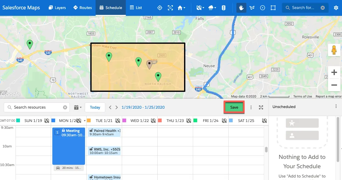 Screenshot shows a rectangular shape highlighted on the map. All markers inside the shape were added to the calendar schedule for Tuesday. The calendar’s save button is highlighted.