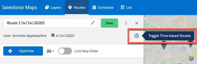 The icon used to toggle on Time-based routes is highlighted under the routes tab.