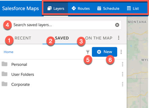 Screenshot shows the left sidebar of the Salesforce Maps user interface. The following tabs are highlighted, Layers, Routes, Schedule, and List. The available options under the Layers tab are numbered. 