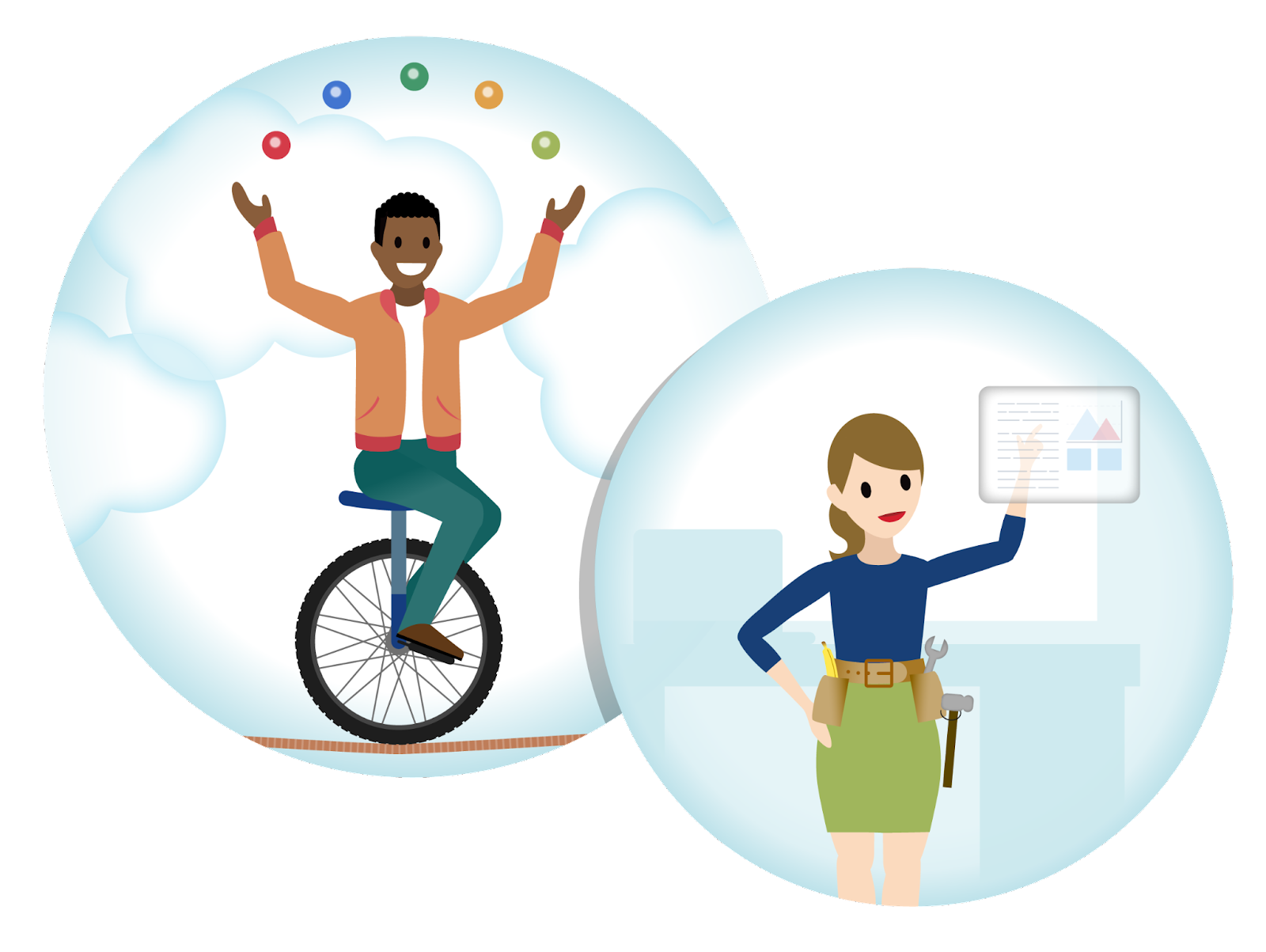 Un marketeur jongle sur un monocycle, tandis qu’une marketeuse portant une ceinture à outils étudie un écran.
