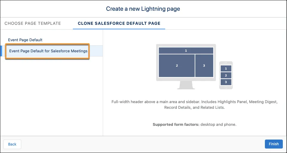 Create a new Lightning page with the default Salesforce Meetings option highlighted.