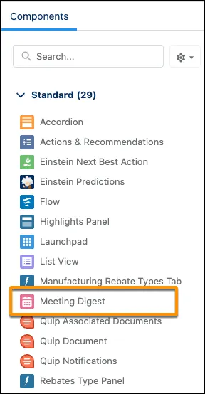 Le composant Meeting Digest (Résumé de la réunion) dans la liste des composants standard du générateur d’application Lightning.