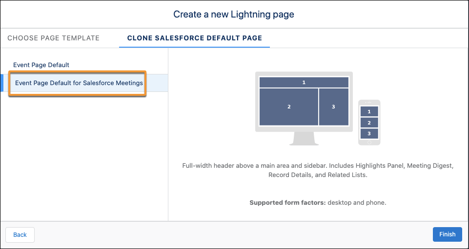 Crie uma nova página do Lightning com a opção padrão Salesforce Meetings em destaque.