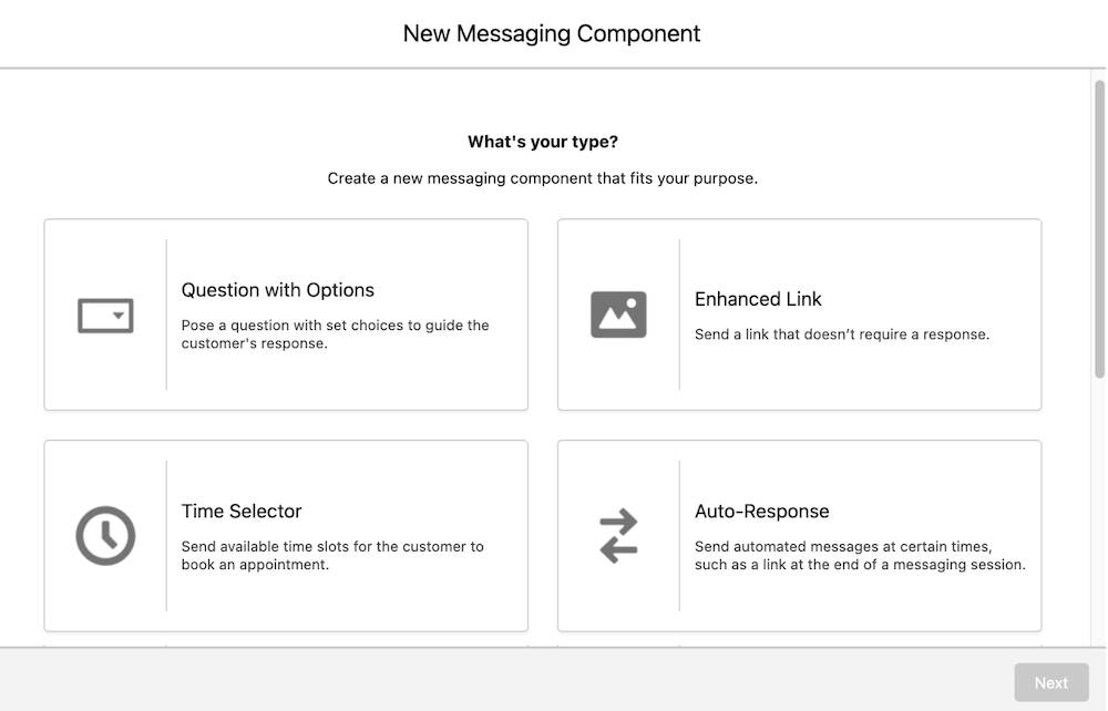 Screen showing available types of messaging components