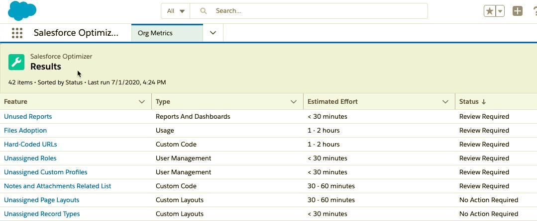 Screenshot of Salesforce Optimizer’s list of findings