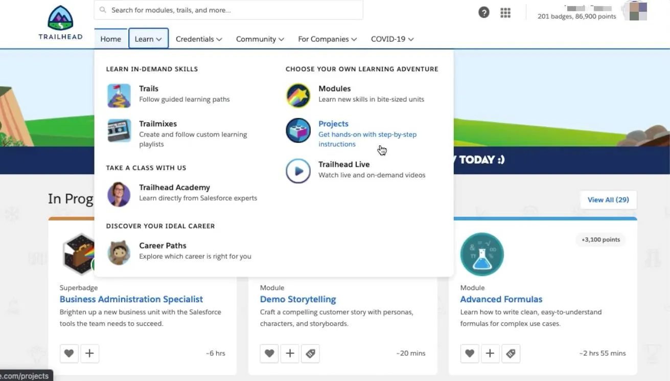 The Learn menu on Trailhead provides links to Trails, Trailmixes, Modules, Projects, Trailhead Live, Trailhead Academy, and Career Paths.