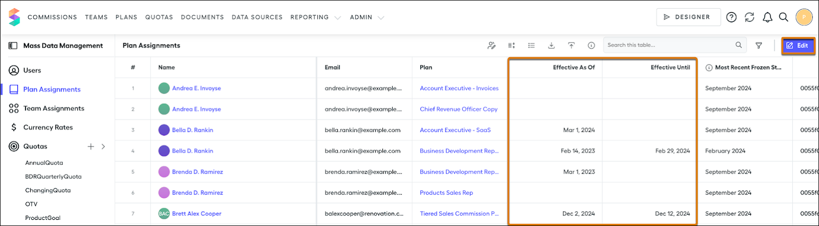 The Effective As Of and Effective Until columns highlighted on the Plan Assignments page.