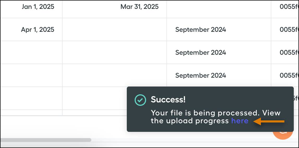 The message displayed after successful file upload.