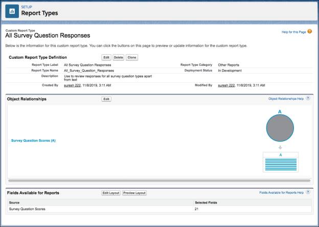 The Report Types page showing the report type All Survey Question Responses.