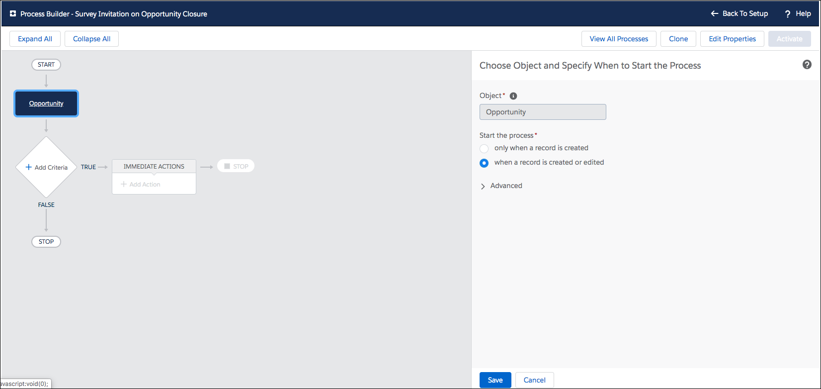 Process Builder with the Choose Object and Specify When to Start the Process step open.