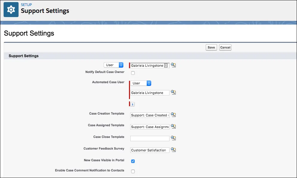 The Support Settings page with the user selected