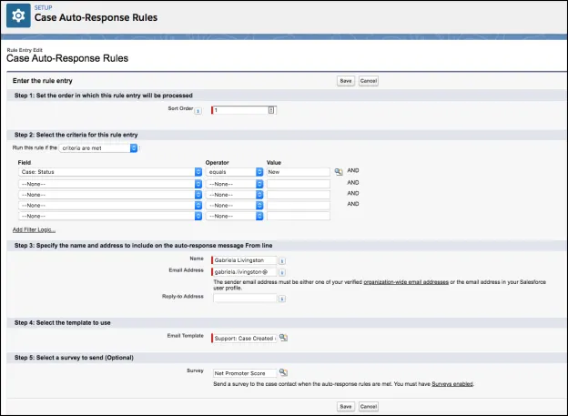 The Case Auto-Response Rules page with Net Promoter Score survey selected