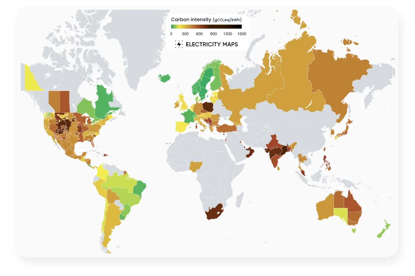 Map of carbon intensity of data centers globally.