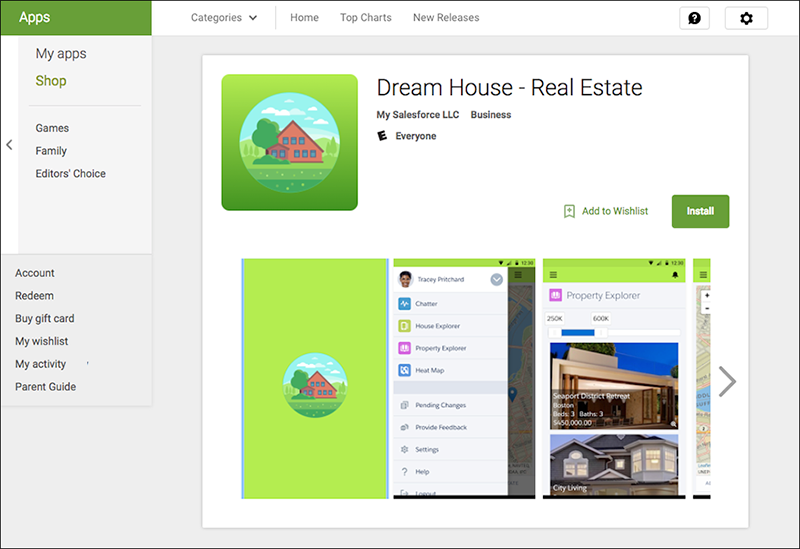 El listado de Google Play para la aplicación móvil DreamHouse