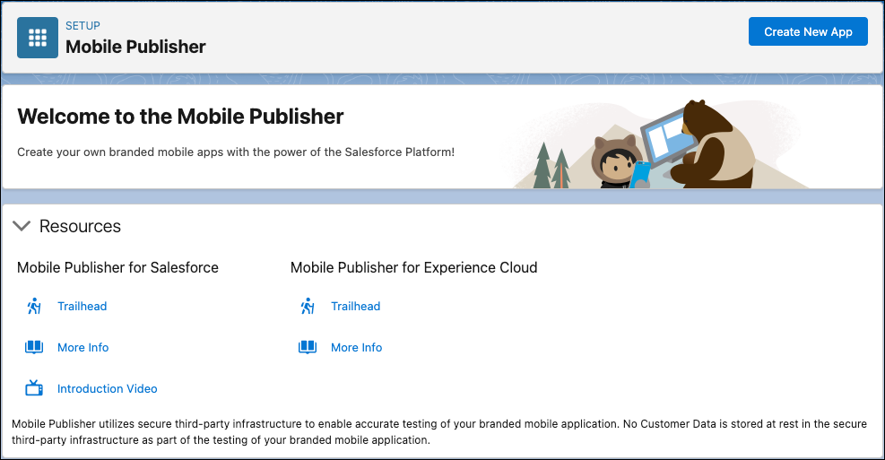 La page de destination Mobile Publisher dans la configuration de Salesforce