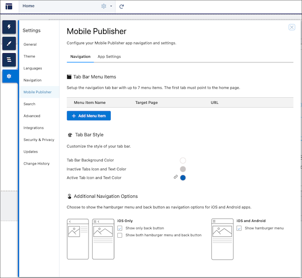 Onglet Mobile Publisher des paramètres du générateur d’expériences d’un site.
