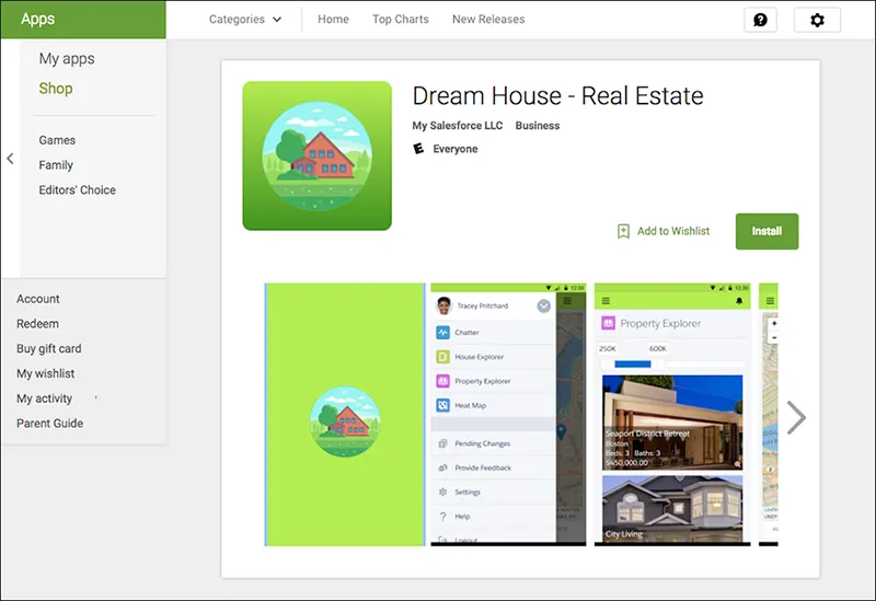 Google Play-Eintrag für die mobile DreamHouse-Anwendung.