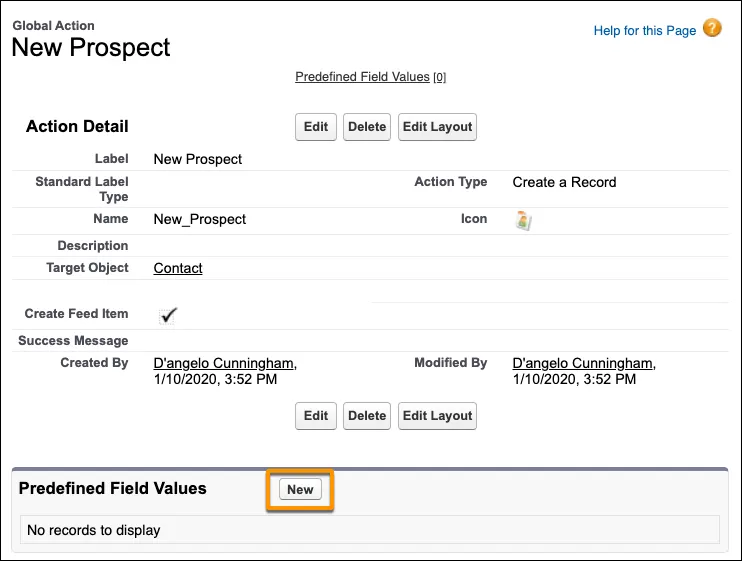 A screenshot of the New button in the Predefined Field Values list