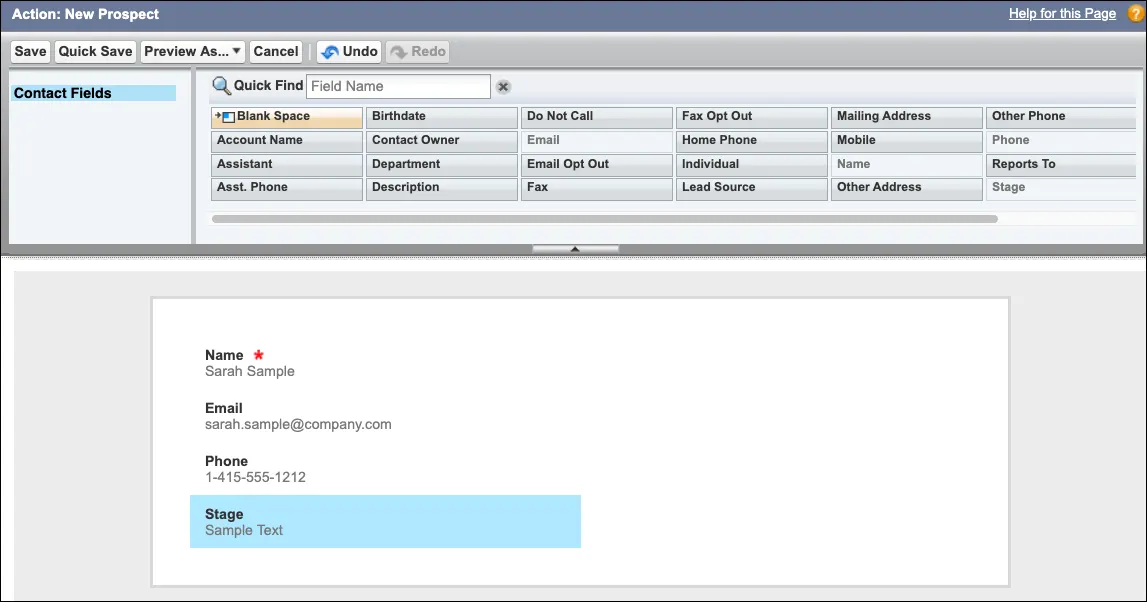 A screenshot of the fields on the action layout