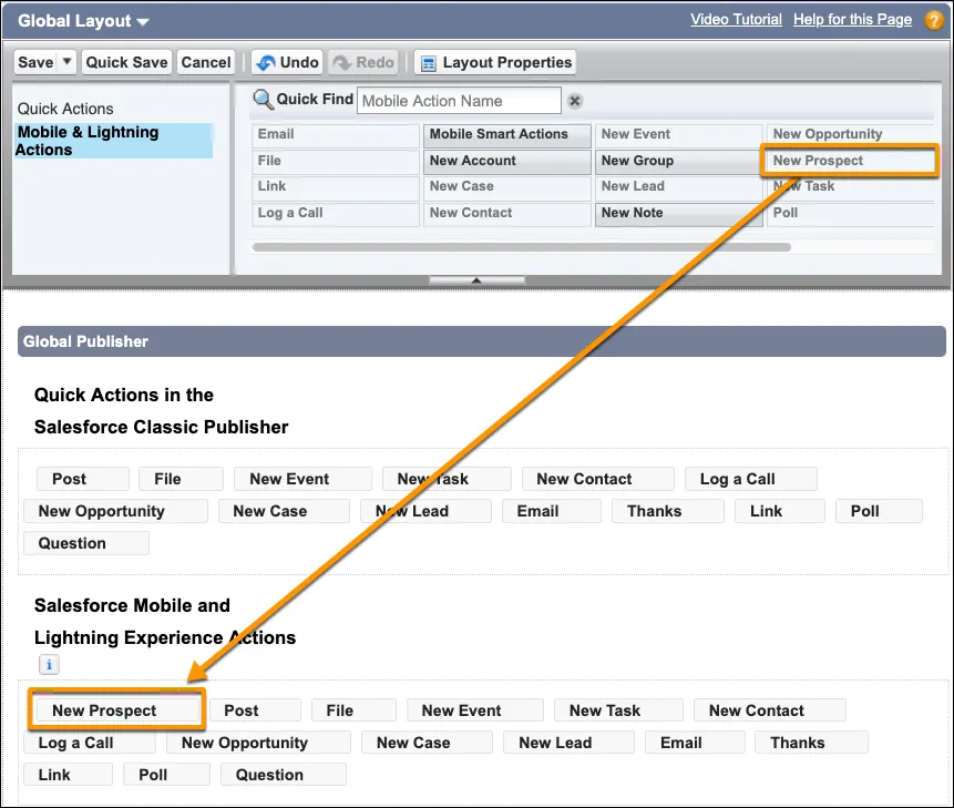 Screenshot der Aktion 'Neuer potenzieller Kunde' im globalen Publisher-Layout
