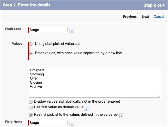 A screenshot of the Stage field's details