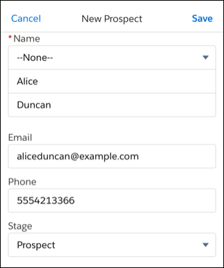 A screenshot of the prospect's details in the Salesforce mobile app